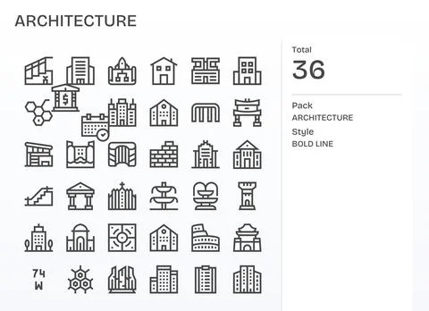 36 High Resolution Vector Icons for Architecture with Pixel Optimized Bold .. Illustrazione stock