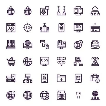 36 Internet Grid Fitted Vector Icons in High Resolution Bold Line Aesthetic Stock-Illustration