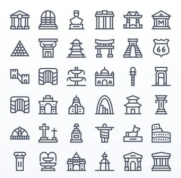 36 Monument Pixel Optimized Vector Icons in 128x128 Bold Line Aesthetic Stockillustratie