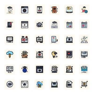 36 Online Learning Pixel Optimized Vector Icons in 64x64 LineFilled Aesthetic Stock Illustration