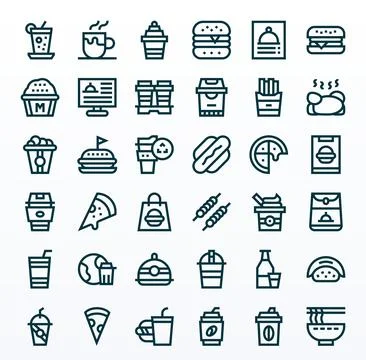 36 Pixel Aligned Bold Line Vector Icons designed for Takeaway Interface Illustration