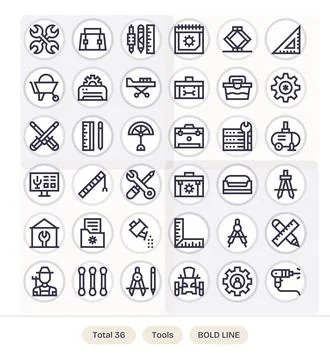 36 Pixel Aligned Bold Line Vector Icons from Tools Collection Stock Illustration
