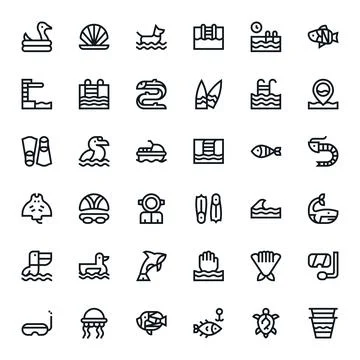 36 Pixel Optimized Bold Line Vector Icons from Aquatic Collection Illustrazione stock