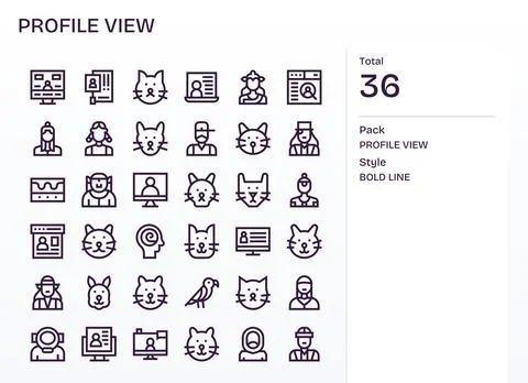 36 Pixel Optimized Bold Line Vector Icons from Profile View Collection Stock Illustration