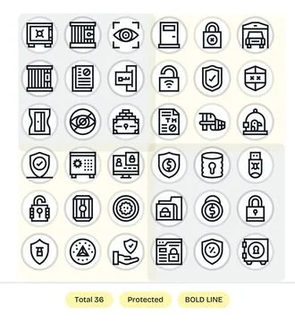 36 Protected Grid Fitted Vector Icons in 128x128 Bold Line Aesthetic Stock Illustration