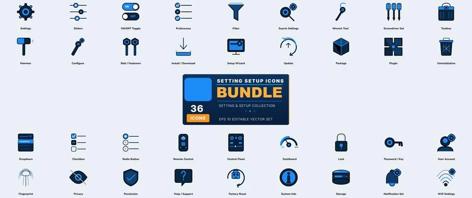 36 Setting and Setup Flat Icons Set Vector for Configuration and Controls Ilustração Stock