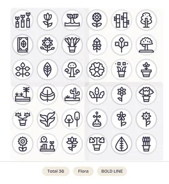 36 Vector Icons for Flora optimized in PIXEL Perfect 128x128 Bold Line reso.. Stock Illustration