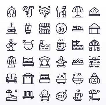 36 Vector Icons for Relaxation featuring 128x128 Pixel Aligned Bold Line Gr.. Stock Illustration