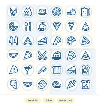 36 Vector Icons for Slice featuring 64x64 Pixel Optimized Bold Line Graphics Stock Illustration