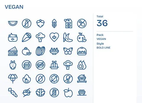 36 Vector Icons for Vegan optimized in PIXEL Perfect 128x128 Bold Line reso.. Stock Illustration