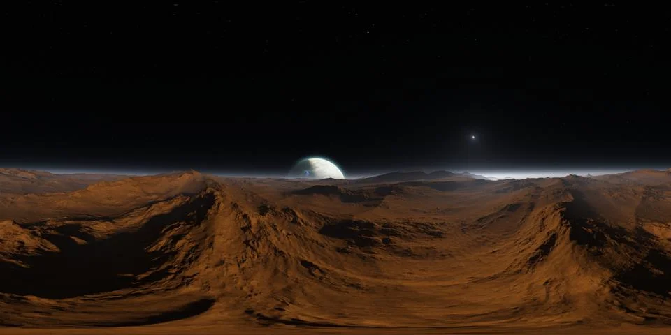 360 degree alien solar system, planet with two exomoons 库存插图