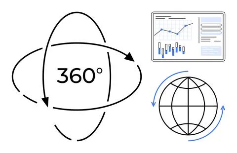 360-degree arrow encapsulating text, rotating globe with arrows, and data ana Stock Illustration