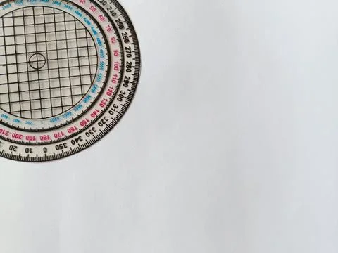 360 degree circular protractor made of plastic with white background. Foto stock