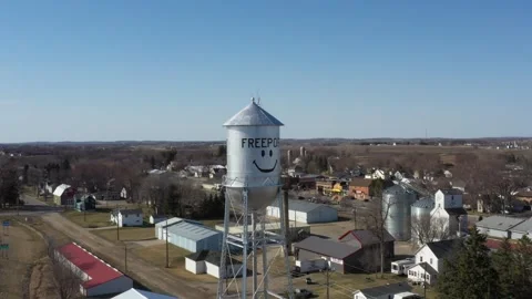 360 degree drone view of the Freeport, Minnesota water tower Stock Footage 256706442