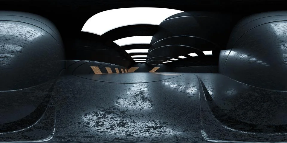 360 degree equi-rectangular render of futuristic industrial building with Stock Illustration