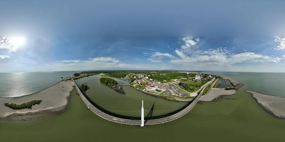 360 degree equirectangular aerial panorama of Anaklia pedestrian bridge Foto stock
