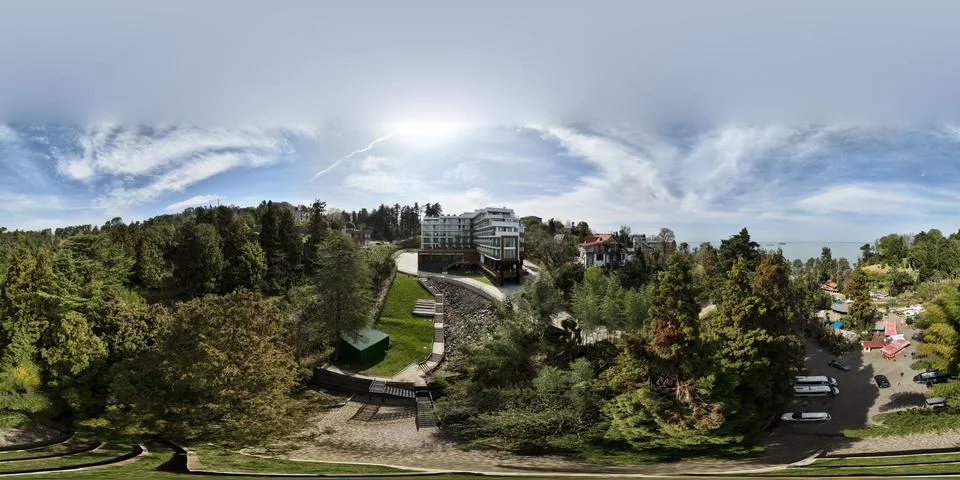 360 degree equirectangular drone view of the Greenwood Hotel and Spa 写真素材