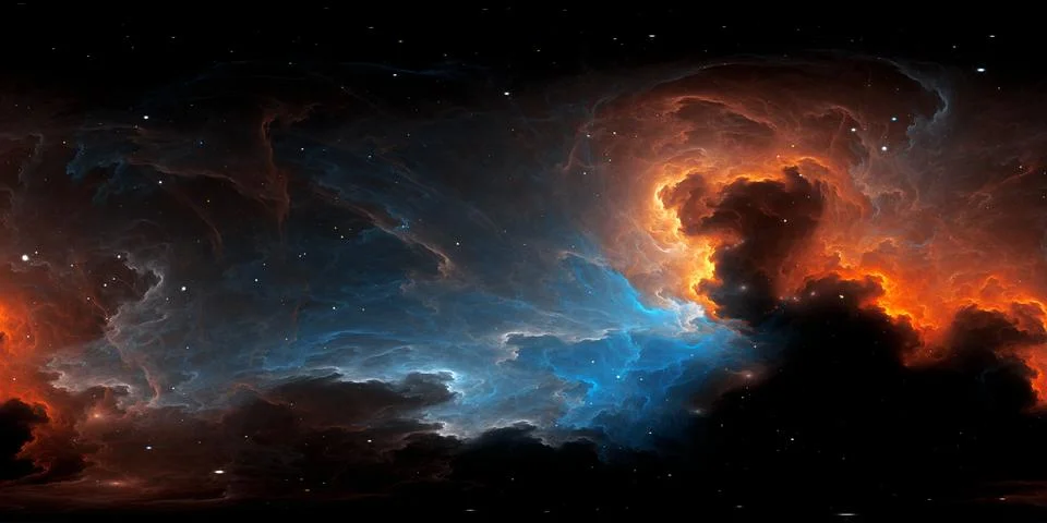 360 degree equirectangular projection space background with nebula and stars, 库存插图
