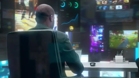 360 Degree Man Using Laptop Surrounded by Content Stock Footage 326430332
