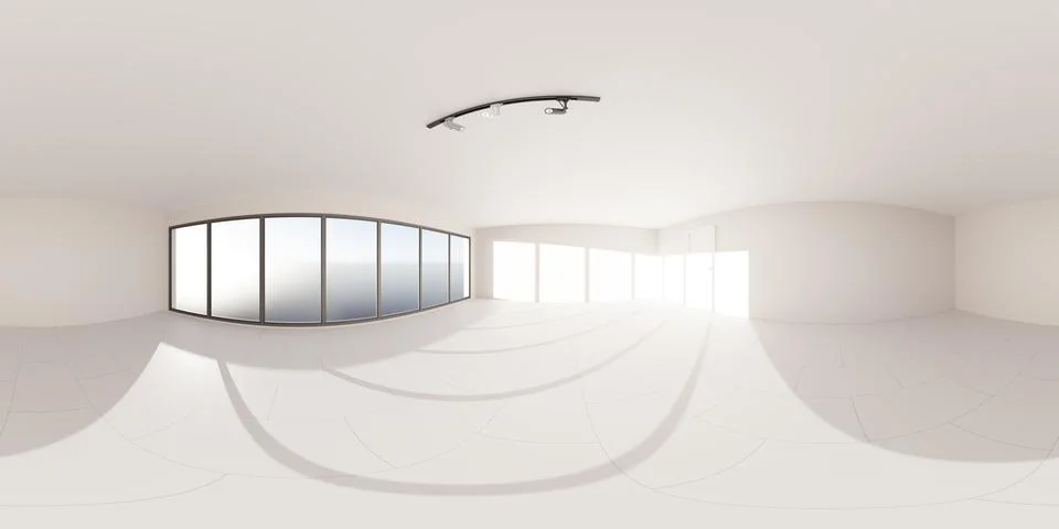 360 degree panorama of a modern, empty room with large windows and track 库存插图