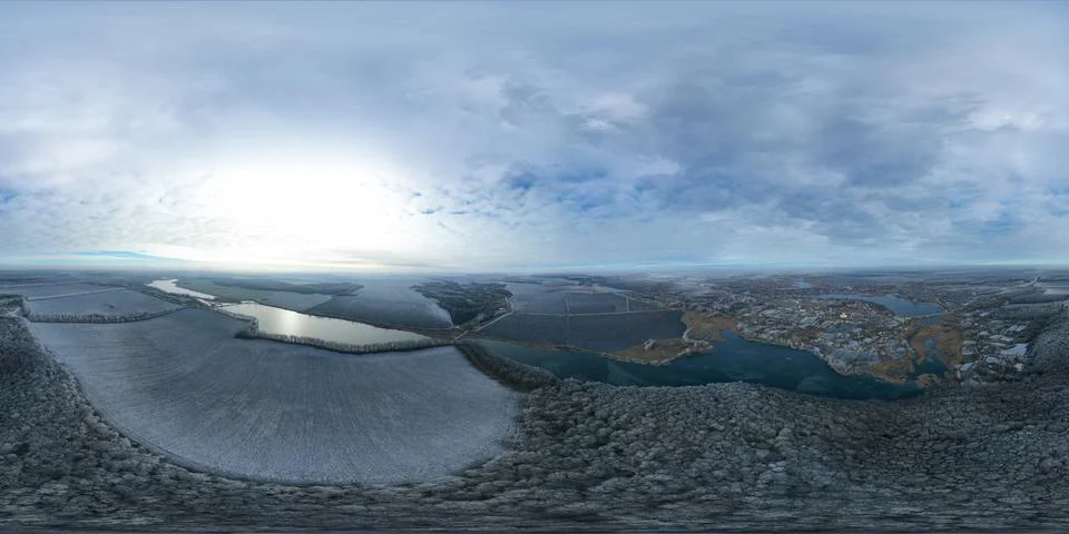 360 degree panorama top view from the air, river ice and white trees Stock Photos