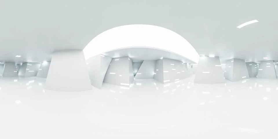 360 degree panorama view of empty white futuristic building interior technology Ilustración de archivo