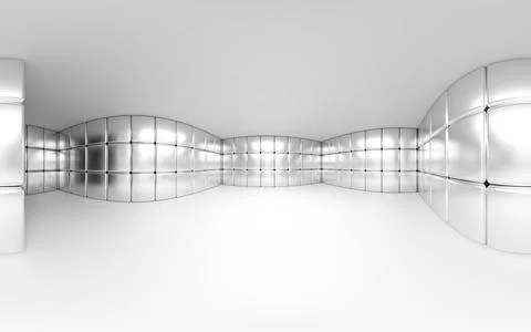 360 degree panorama view of empty white room with metallic surface and Ilustración de archivo