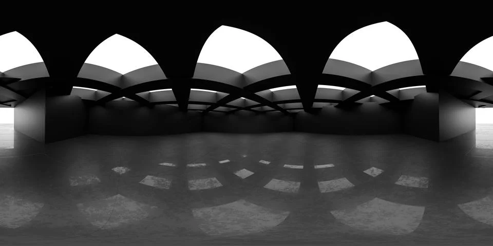 360 degree panorama view of empty concrete building interior room with open Ilustración de archivo
