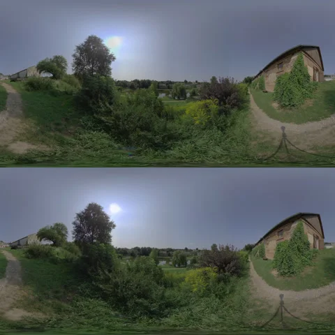 360-Degree Panoramic View of a Rural Landscape with a Dirt Road, Trees, and a Stock Footage 261684979