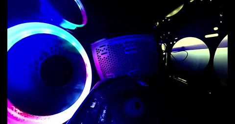 360-degree slow rotation inside a gaming PC. RGB cooler, and components Stock Footage 301169984
