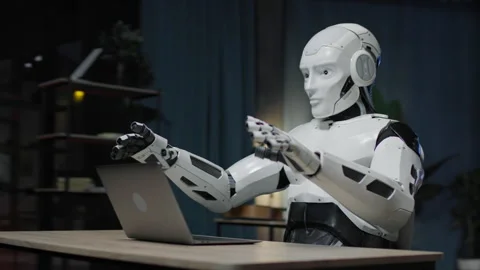 360 degree time-lapse studio. Footage of surprised white robot moving hands Stock Footage 278305604