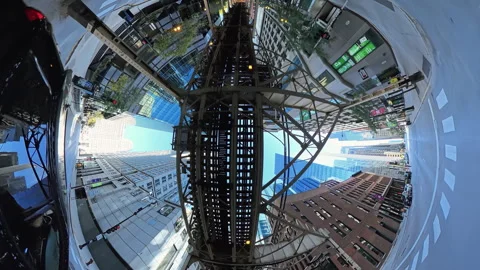 360 degree tiny planet POV of driving under Chicago elevated train tra Video stock 327884204
