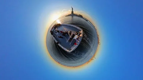360-degree tiny planet view of ferry near Statue of Liberty, New York, USA 動画素材 304432149