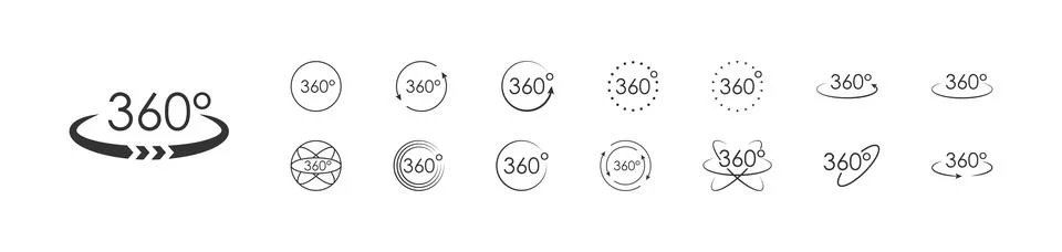360 degree view set icon. Vector arrows circle, isolated logo, white backgrou Stock Illustration