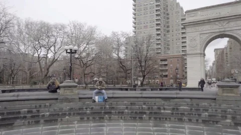 360 degree view of Washington Square Park cold winter bare trees arch NYC Stock Footage 75419400
