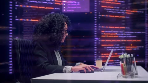 360 Degree Woman Surrounded by Programming Code Stockbeeldmateriaal 326430066