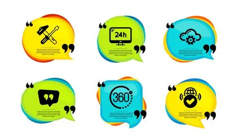 360 degrees, Cloud computing and 24h service icons set. Hammer tool, Quote 스톡 일러스트