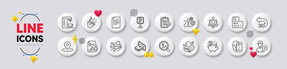 360 degrees, Coffee machine and Business report line icons. For web app Stock Illustration