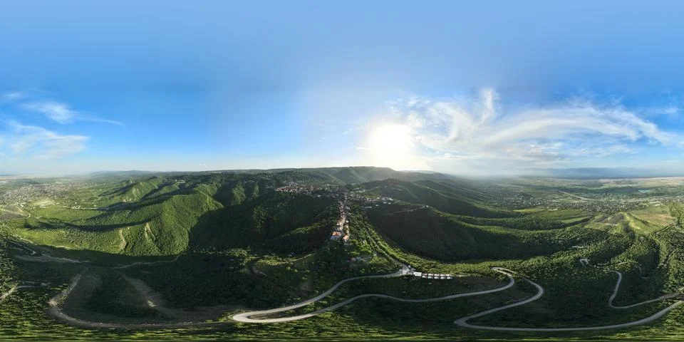 360 degrees equirectangular drone view of the historic town of Signagi 写真素材