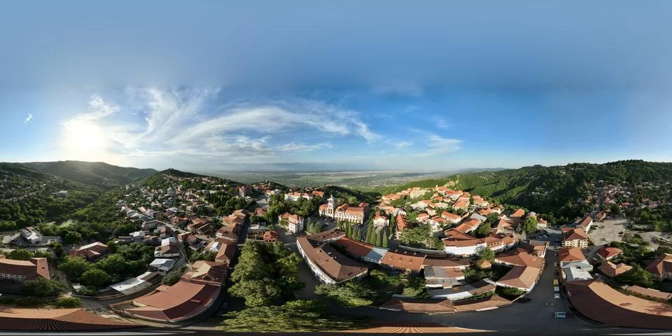 360 degrees equirectangular drone view of the historic town of Signagi Stock Photos