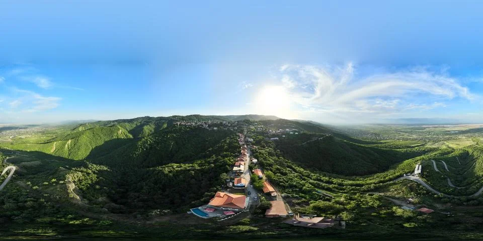 360 degrees equirectangular drone view of the historic town of Signagi Stock Photos
