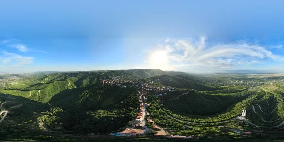 360 degrees equirectangular drone view of the historic town of Signagi Stock Photos
