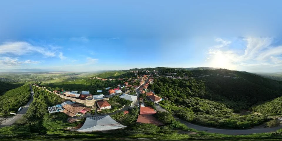 360 degrees equirectangular drone view of the historic town of Signagi 写真素材