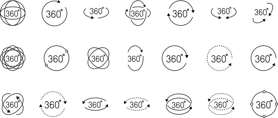360 Degrees Icon. 360 Degrees vector icon set. Rotate symbol. 180 Degrees Illustrazione stock