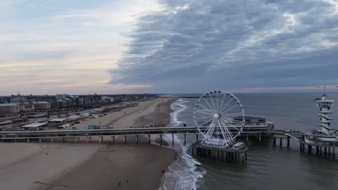 360° Drone Circle Around Seaside Ferris Wheel, The Hague, Netherlands Stock Footage 331747905