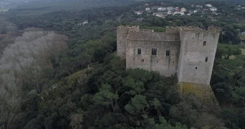 360 drone flight around a castle on hill near Barcelona Stock Footage 86322197