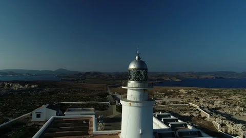 360 drone flight around a lighthouse on the edge of a cliff Stock Footage 116620340