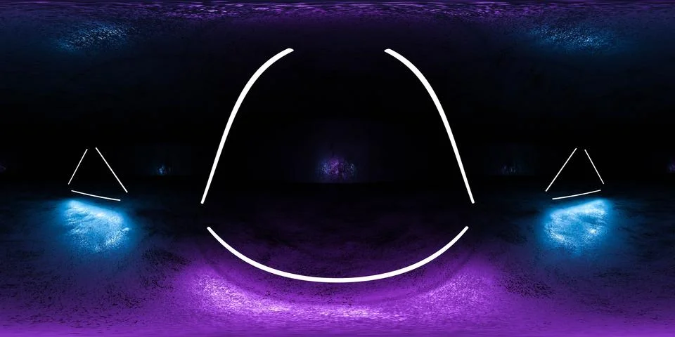 360 equi rectangular panorama with dark neon industrial grunge concrete hall 3d Stock Illustration