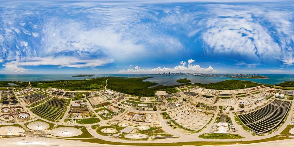 360 equirectangular aerial photo Key Biscayne water treatment plant Stock-Fotos