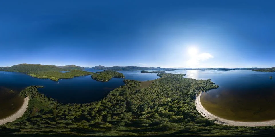 360 Equirectangular Drone Image, Inchmoan Island, Loch Lomond Stock Photos